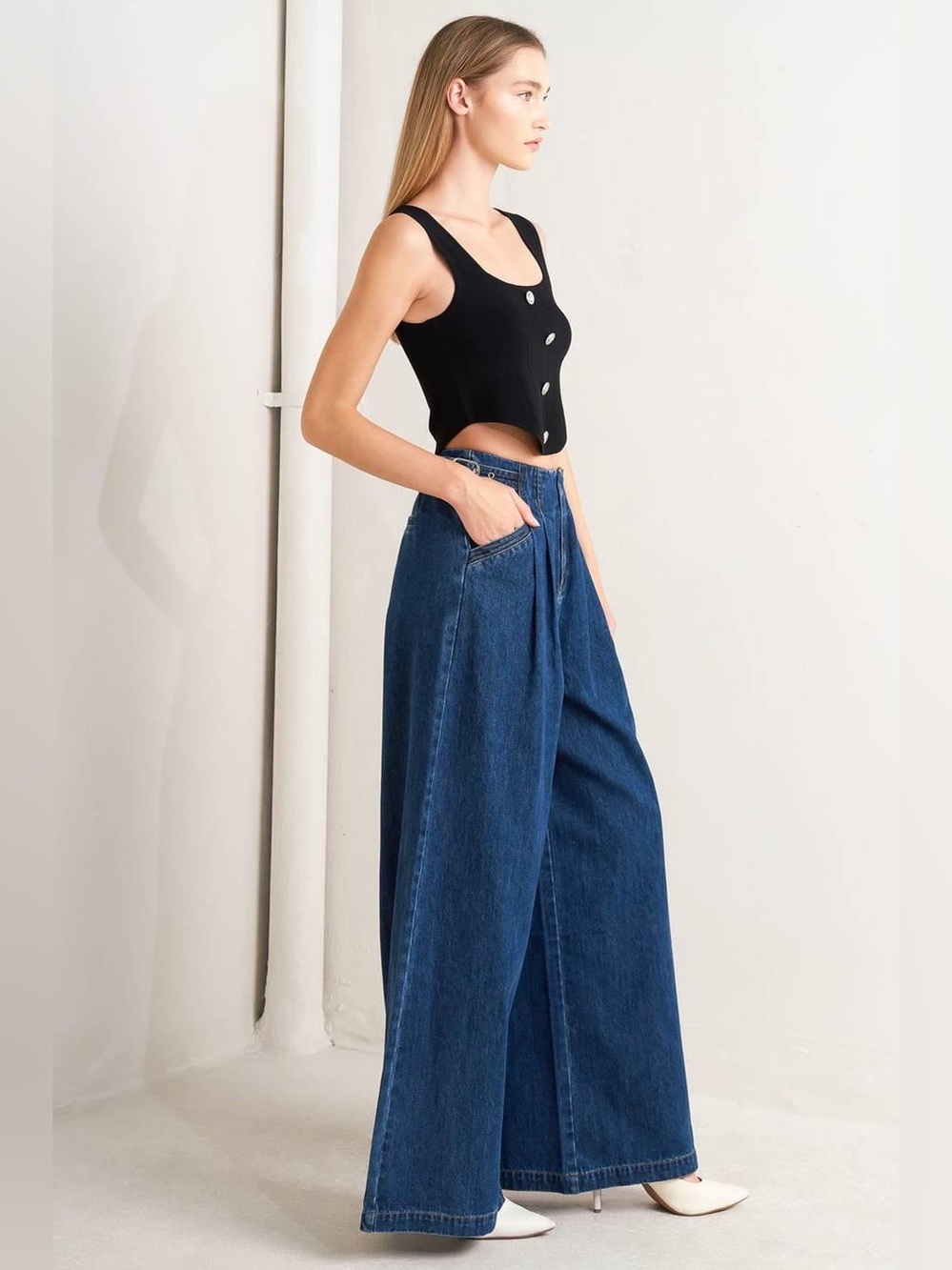 FREEMARKET: SHARP FEMININITY DENIM PANTS, Wide-Leg High-Rise Denim Pants - Blue